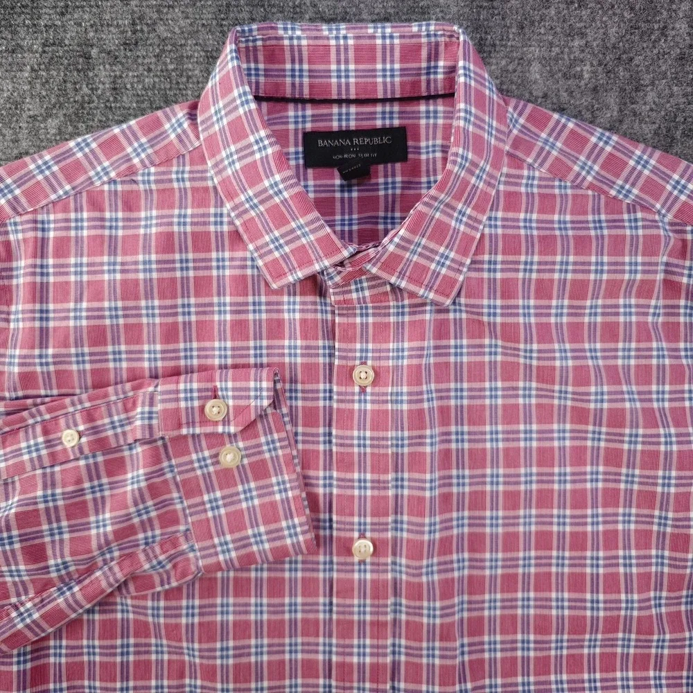 Banana Republic Shirt Mens Medium 15 15.5 33/34 Non Iron Slim Fit Red Blue Check